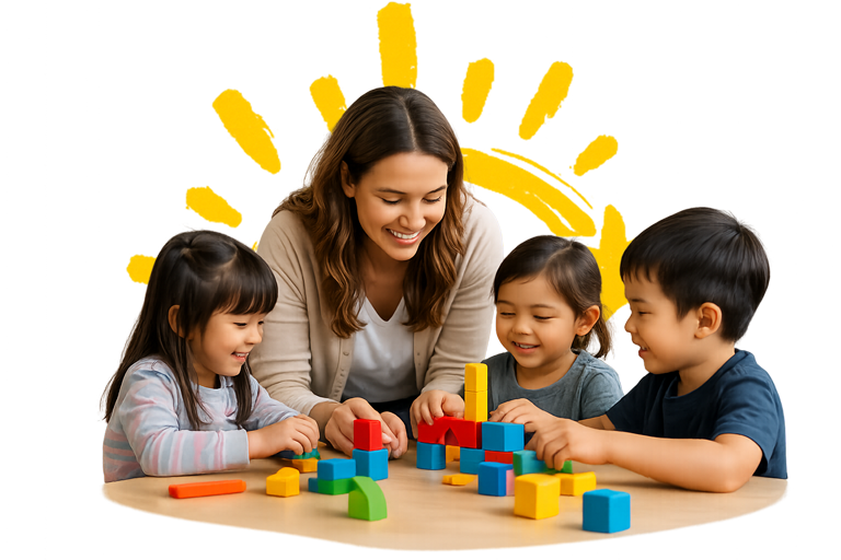 Teacher guiding children as they play with colorful blocks